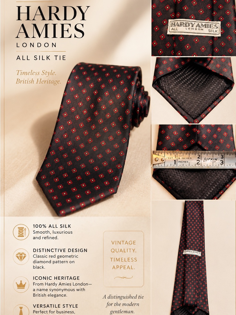Hardy Amies Black Silk Tie with Red Diamond Motif